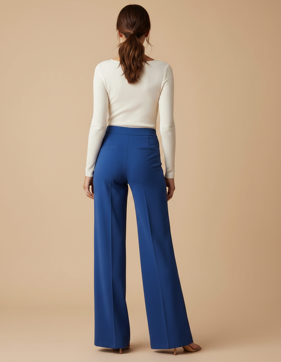 Pantalon Fluide Bleu Évasé Taille Haute Élégant Femme - Polyester - vue 2