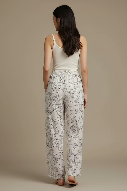 Pantalon Fluide Blanc Imprimé Floral Ample Léger Confortable - Viscose - vue 2