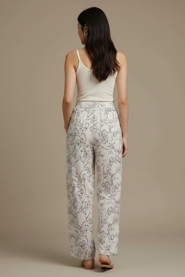 Pantalon Fluide Blanc Imprimé Floral Ample Léger Confortable - Viscose - vue 2