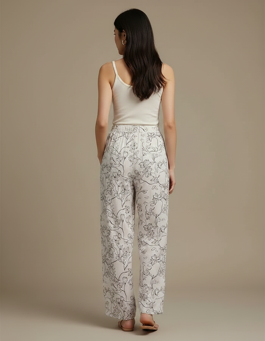 Pantalon Fluide Blanc Imprimé Floral Ample Léger Confortable - Viscose - vue 2