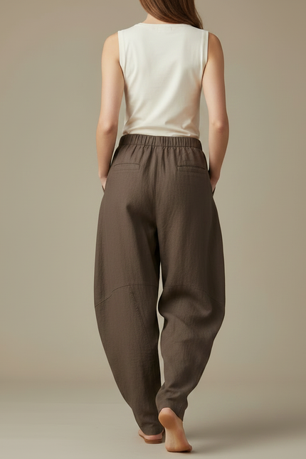 Pantalon Fluide Marron Ample Lin Décontracté Élastique Harem - vue 2
