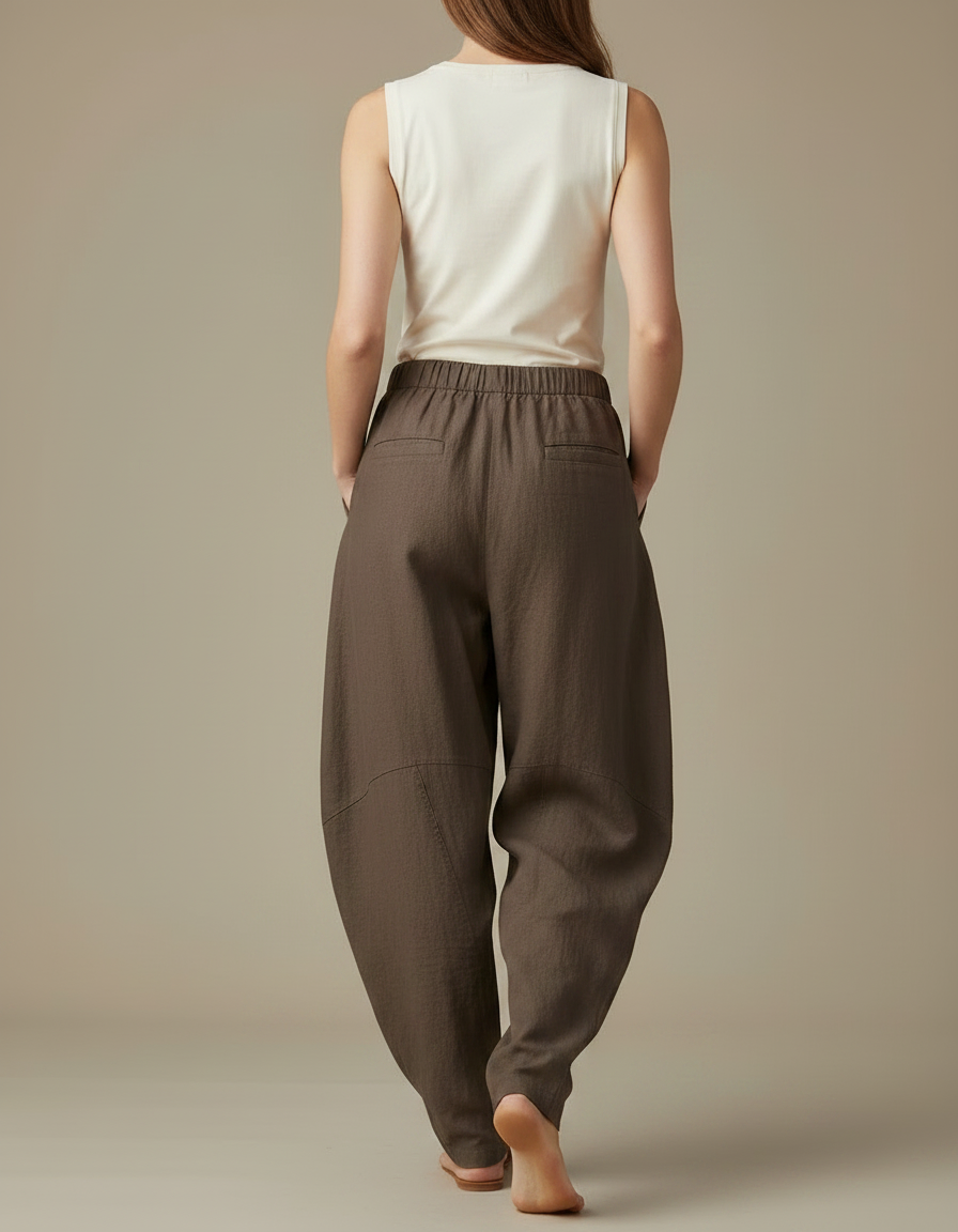 Pantalon Fluide Marron Ample Lin Décontracté Élastique Harem - vue 2