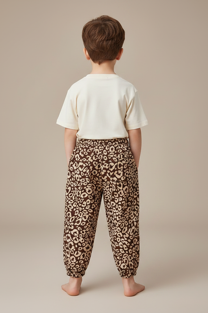 Pantalon Fluide Imprimé Léopard Marron Ample Élastiqué Unisexe - Viscose - vue 2