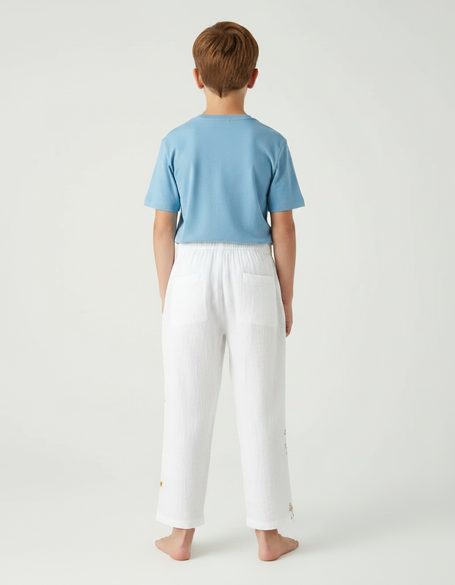 Pantalon Fluide Blanc Lin Ample Imprimé Floral Enfant - vue 2