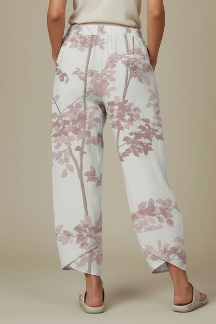 Pantalon Fluide Écru Ample Imprimé Floral Rose - Beige Lin - vue 2