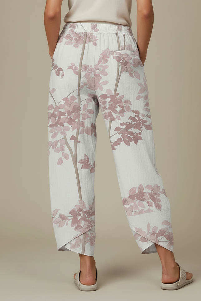 Pantalon Fluide Écru Ample Imprimé Floral Rose - Beige Lin - vue 2