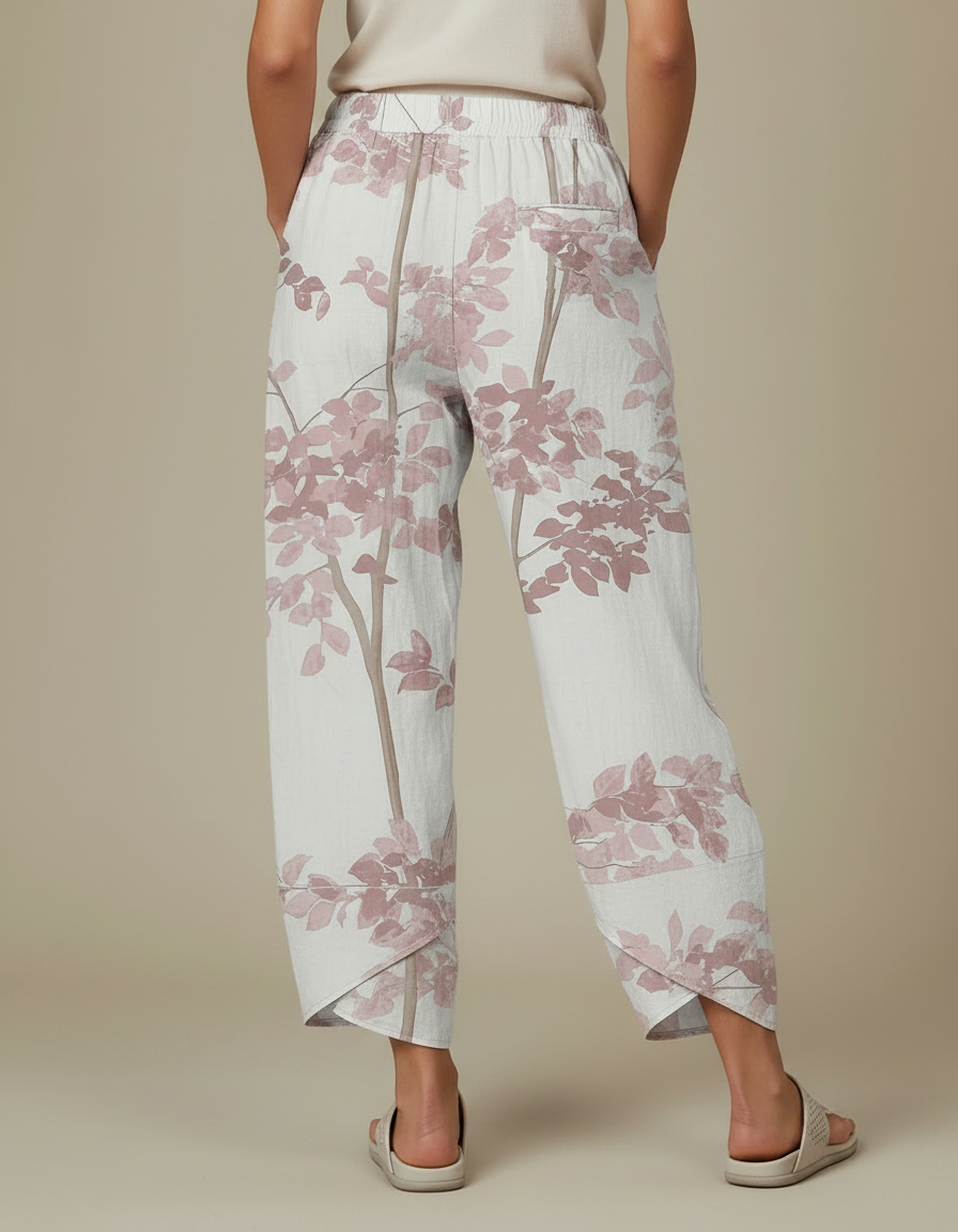 Pantalon Fluide Écru Ample Imprimé Floral Rose - Beige Lin - vue 2