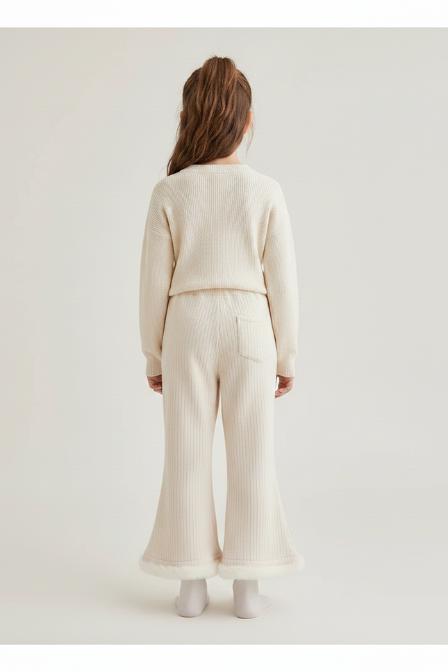 Pantalon Fluide Écru Côtelé Évasé Fourrure Fille - Beige Maille - vue 2