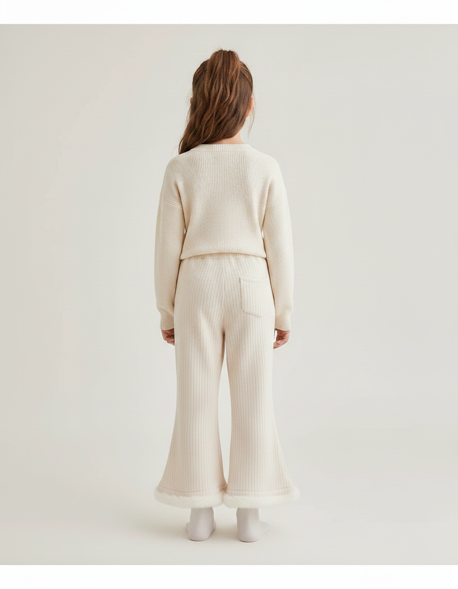 Pantalon Fluide Écru Côtelé Évasé Fourrure Fille - Beige Maille - vue 2