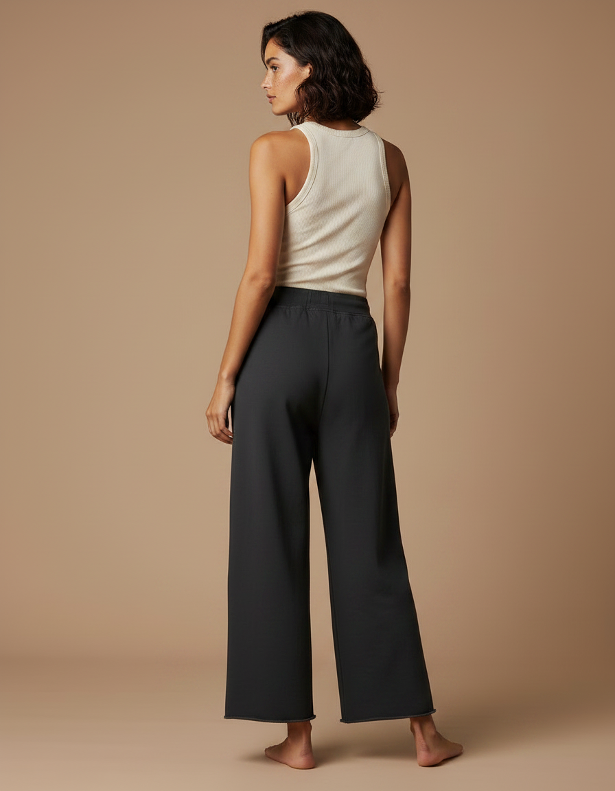 Pantalon Fluide Noir Ample Coton Cordon Femme - Molleton - vue 2