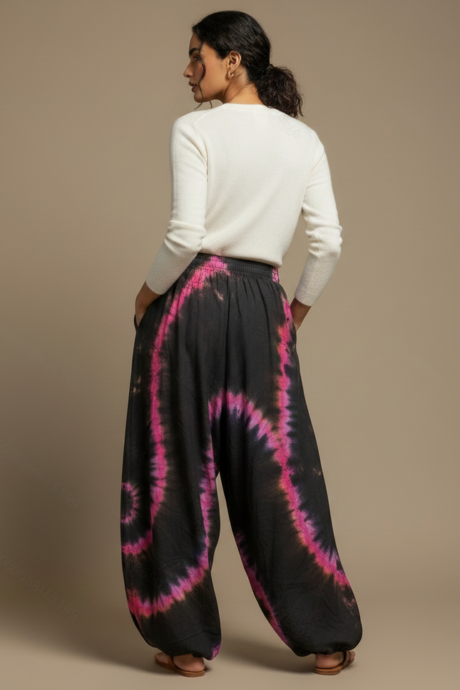 Pantalon Fluide Noir Tie-Dye Ample Confortable Bohème - Viscose - vue 2