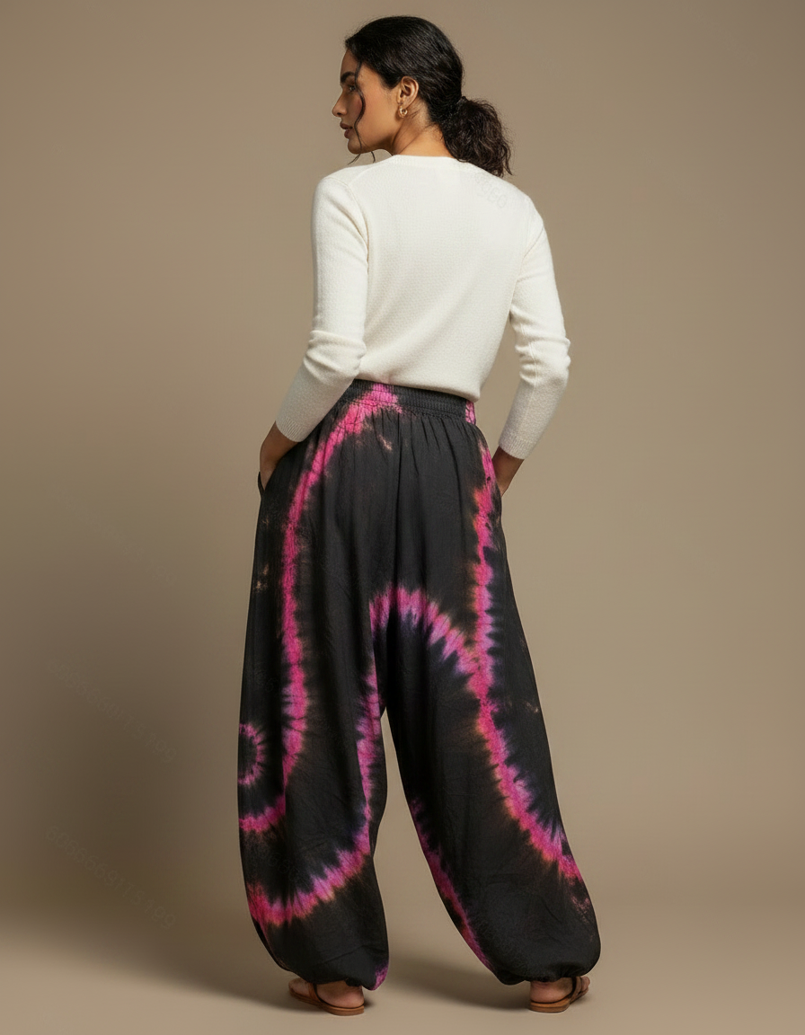 Pantalon Fluide Noir Tie-Dye Ample Confortable Bohème - Viscose - vue 2