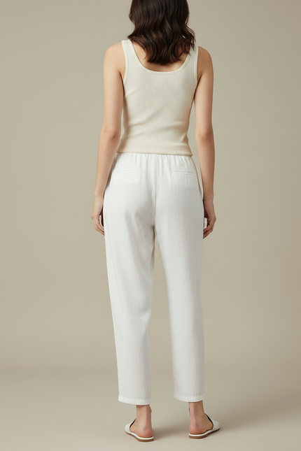 Pantalon Fluide Blanc Ample Lin Décontracté Élastique - vue 2