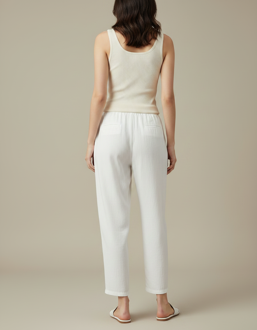 Pantalon Fluide Blanc Ample Lin Décontracté Élastique - vue 2