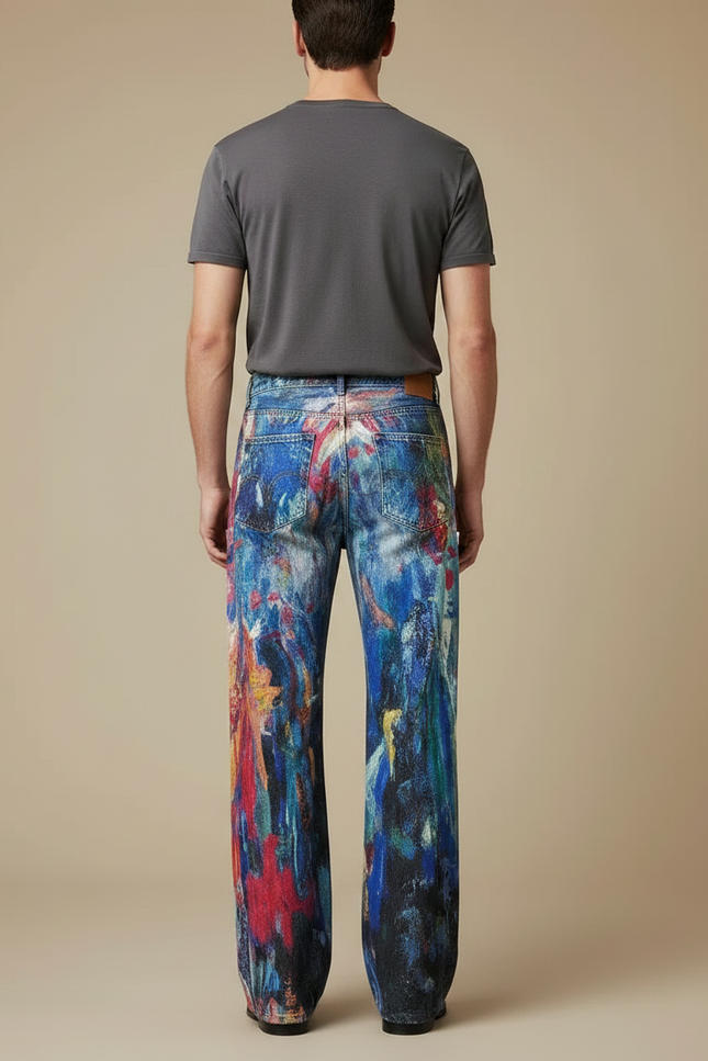 Pantalon Fluide Peint Abstrait Ample Coloré Unisexe - Multicolore Jean - vue 2