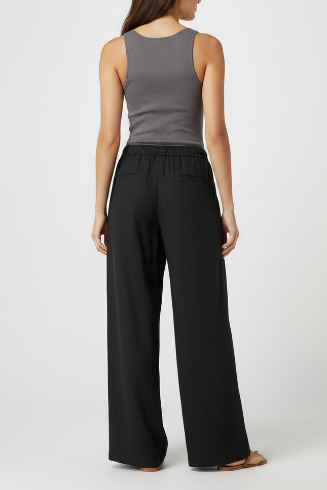 Pantalon Fluide Noir Ample Lin Décontracté Taille Haute - vue 2