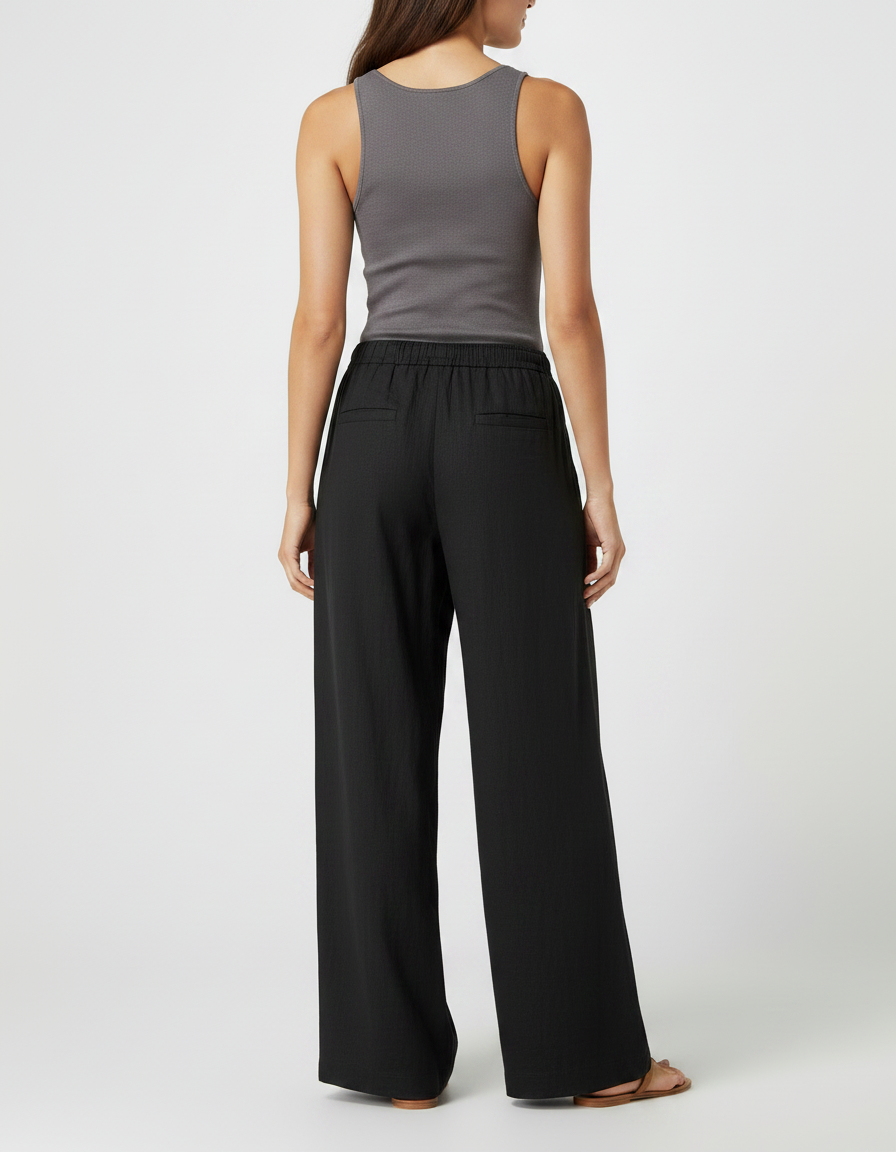 Pantalon Fluide Noir Ample Lin Décontracté Taille Haute - vue 2