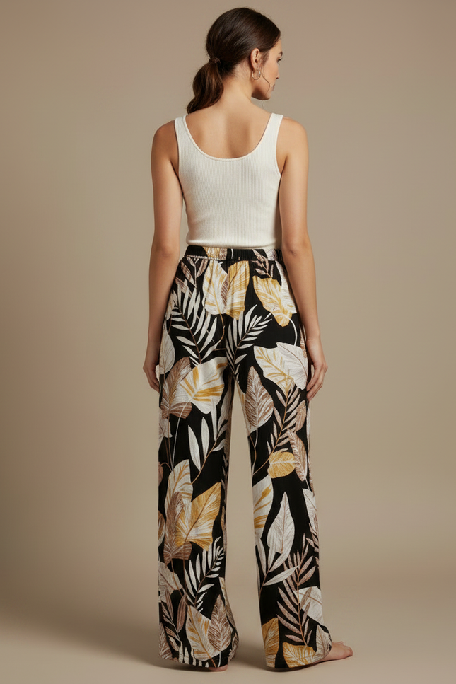 Pantalon Fluide Noir Ample Motif Feuillage Tropical - Viscose - vue 2