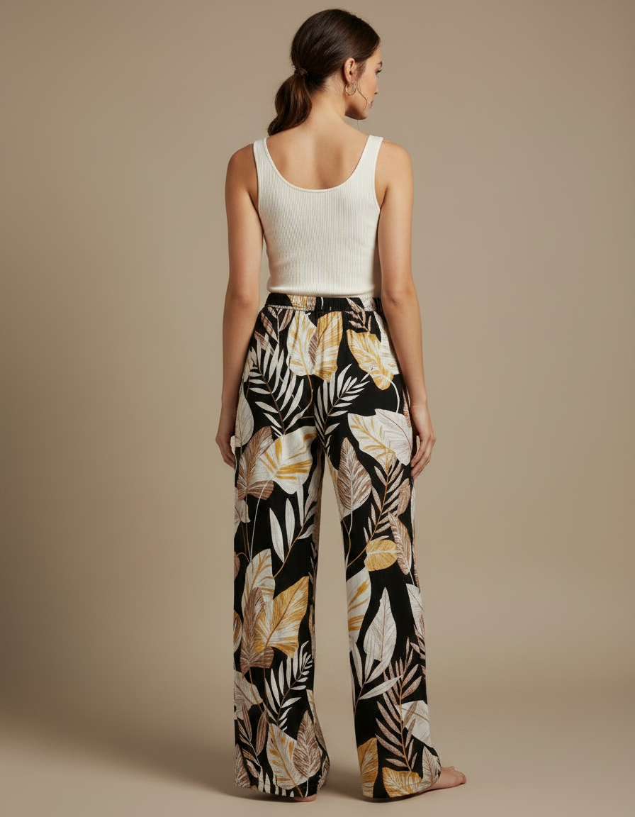 Pantalon Fluide Noir Ample Motif Feuillage Tropical - Viscose - vue 2
