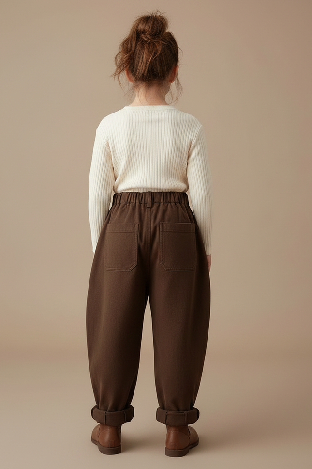 Pantalon Fluide Marron Ample Coton Enfant Taille Haute - Molleton - vue 2