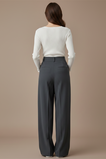 Pantalon Fluide Gris Ample Plissé Décontracté Élégant Femme - Polyester - vue 2