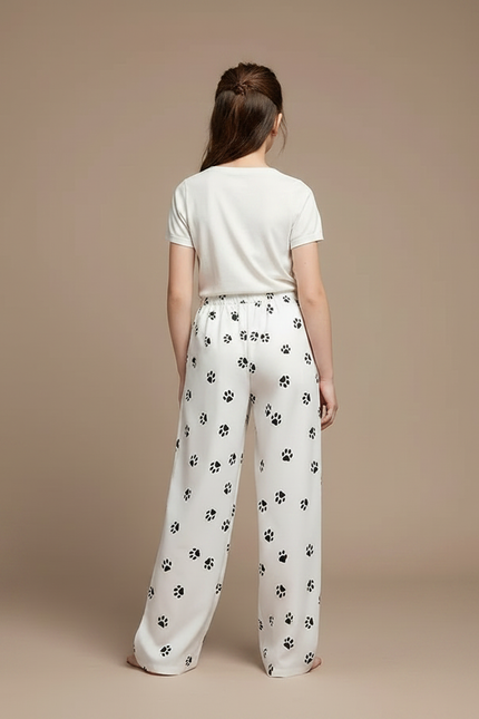 Pantalon Fluide Blanc Ample Imprimé Pattes Décontracté Fille - Viscose - vue 2