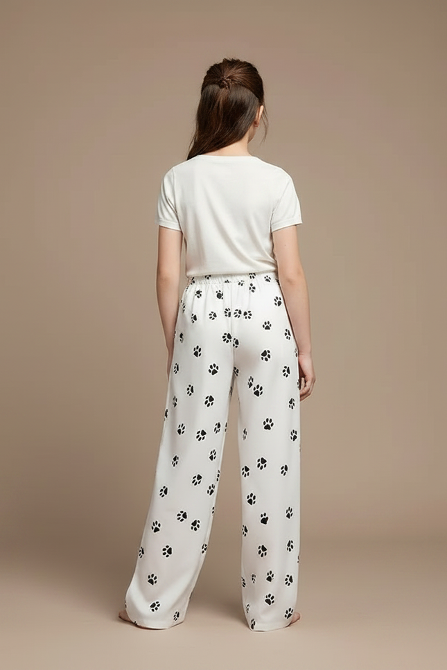 Pantalon Fluide Blanc Ample Imprimé Pattes Décontracté Fille - Viscose - vue 2