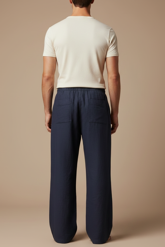 Pantalon Fluide Bleu Marine Lin Ample Cordon Homme - vue 2