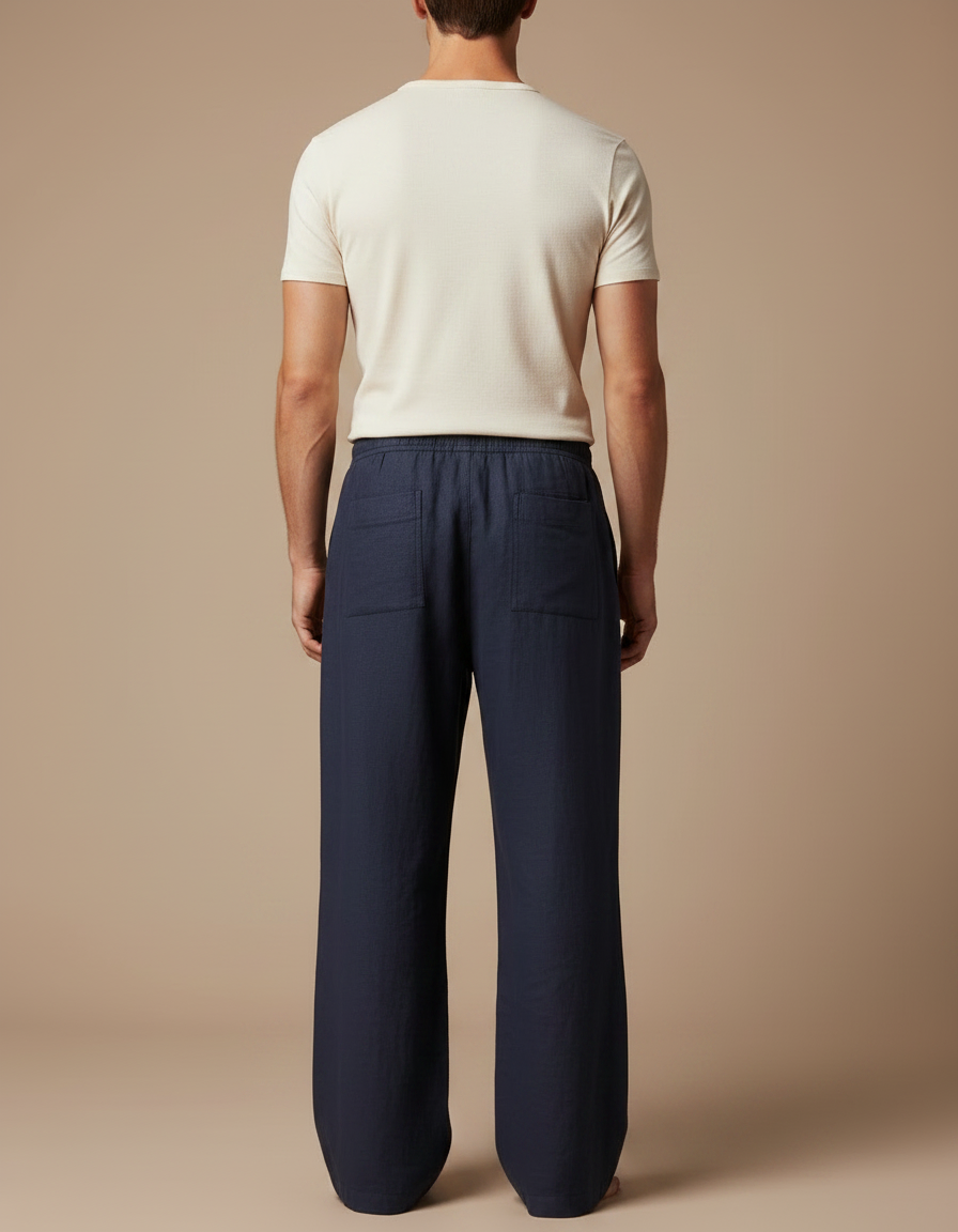 Pantalon Fluide Bleu Marine Lin Ample Cordon Homme - vue 2