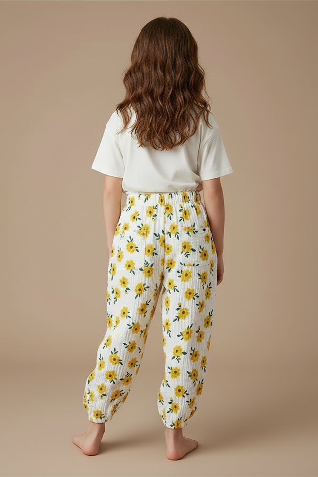 Pantalon Fluide Blanc Imprimé Tournesols Muslin Ample - Coton - vue 2