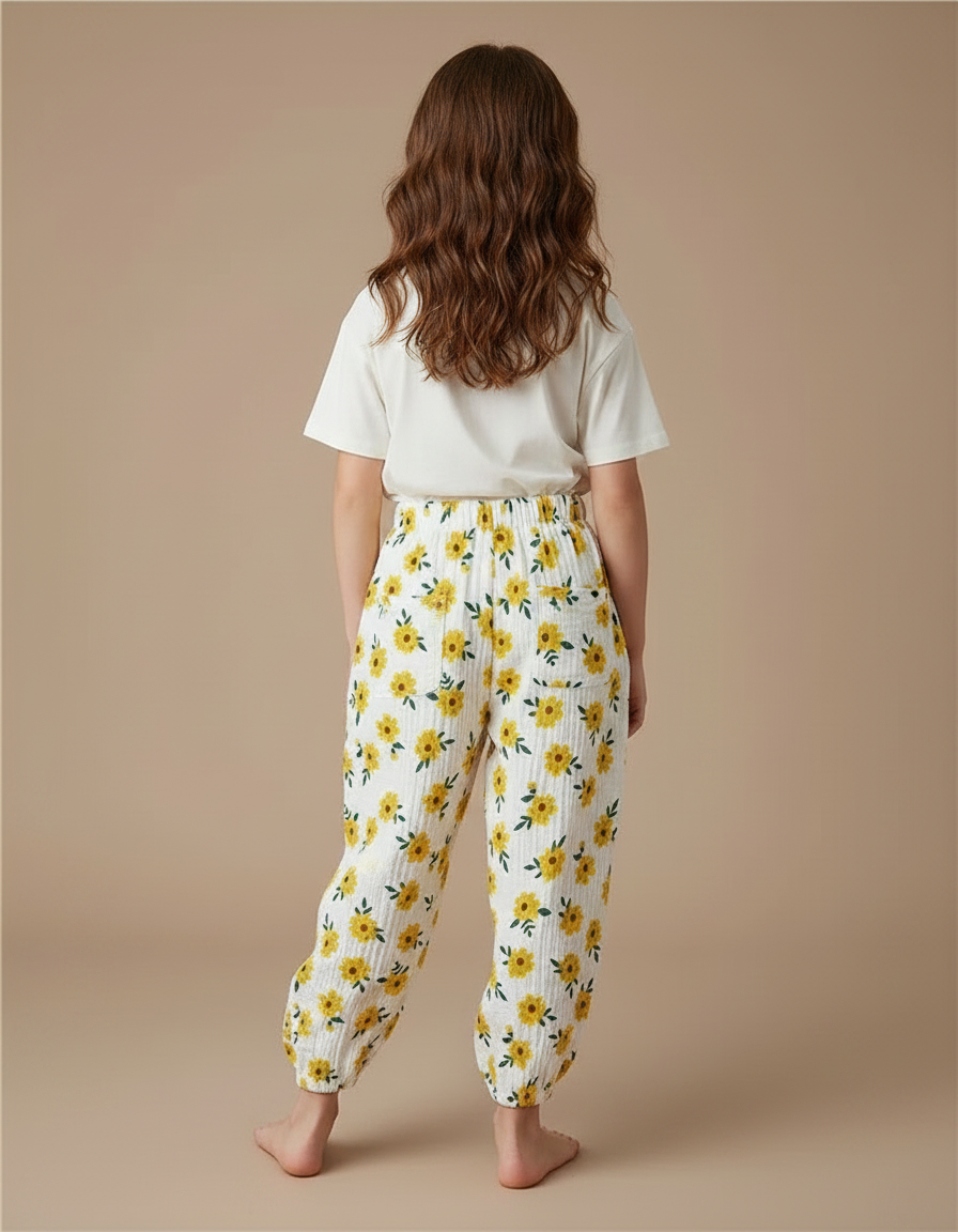 Pantalon Fluide Blanc Imprimé Tournesols Muslin Ample - Coton - vue 2