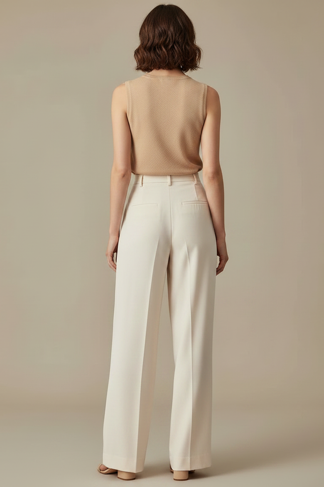 Pantalon Fluide Écru Ample Plissé Taille Haute Élégant - Blanc Viscose - vue 2