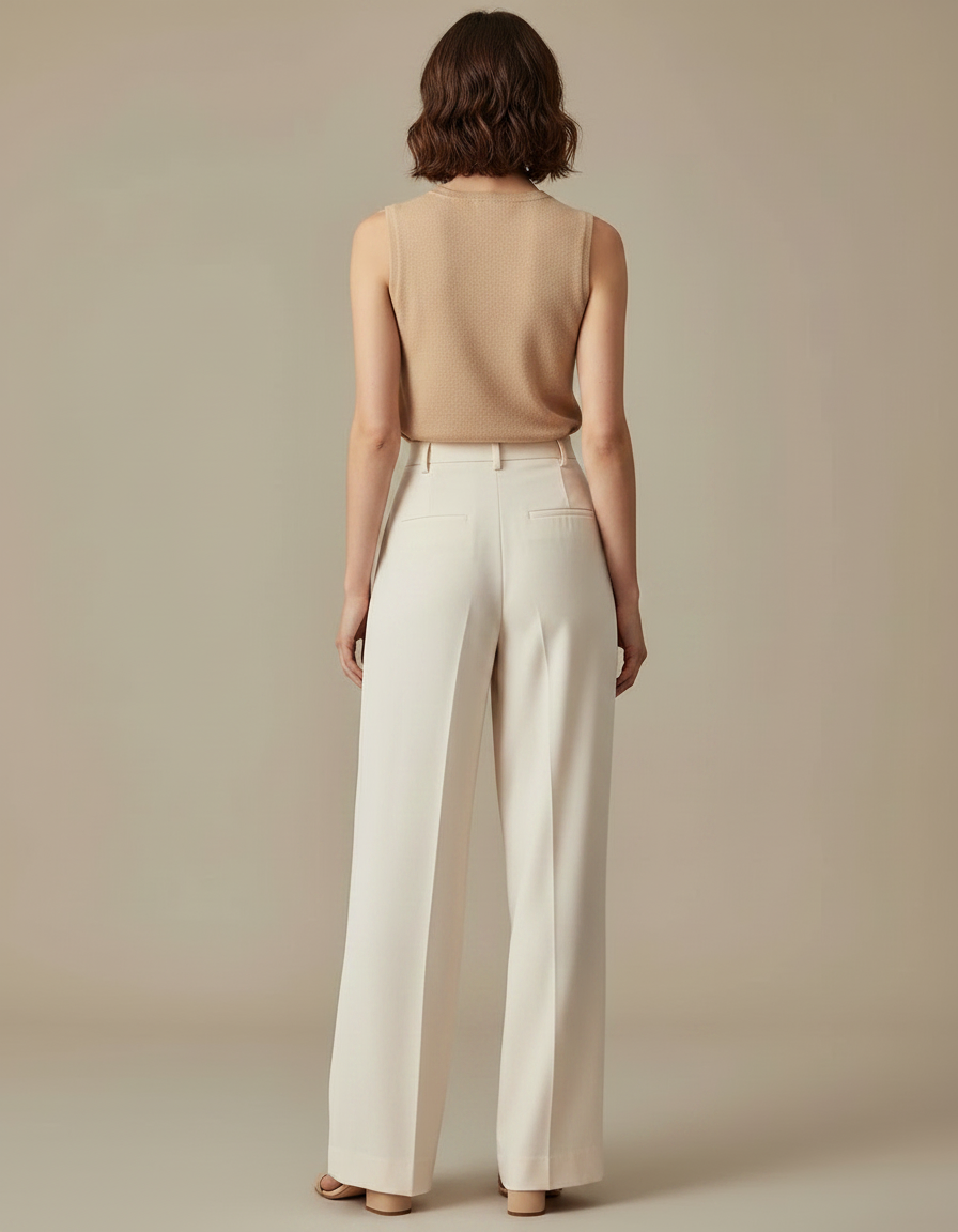 Pantalon Fluide Écru Ample Plissé Taille Haute Élégant - Blanc Viscose - vue 2