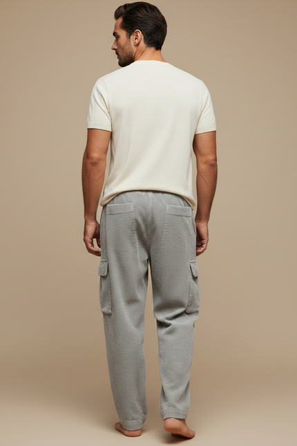 Pantalon Fluide Gris Côtelé Cargo Ample Décontracté - Cordé - vue 2