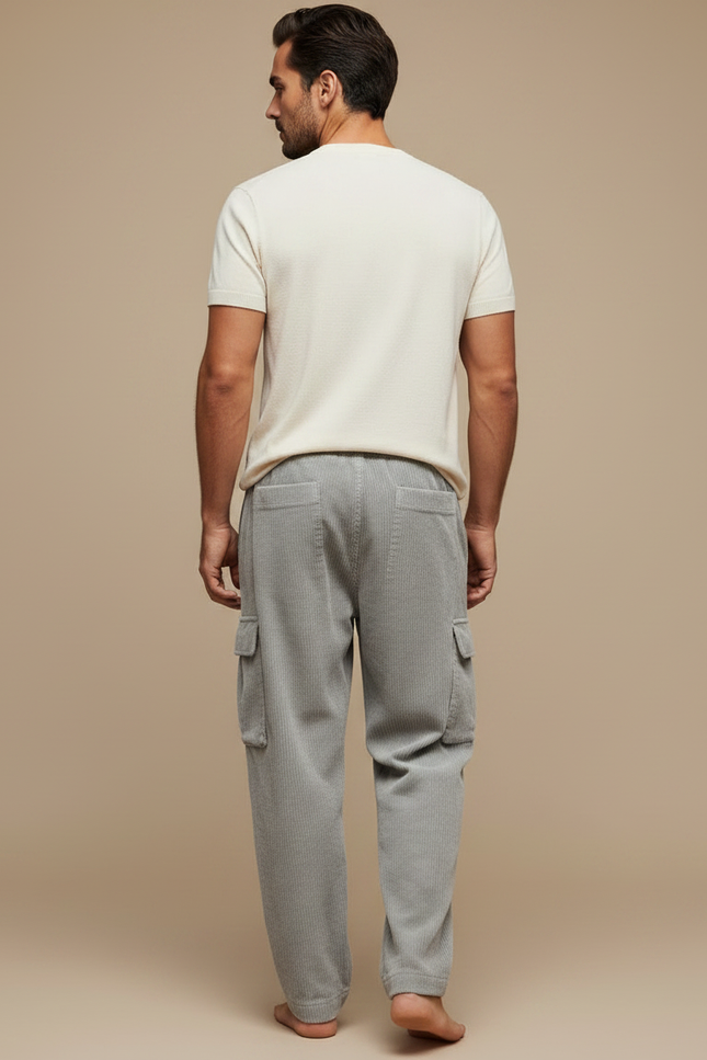 Pantalon Fluide Gris Côtelé Cargo Ample Décontracté - Cordé - vue 2