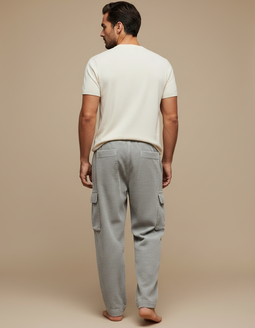 Pantalon Fluide Gris Côtelé Cargo Ample Décontracté - Cordé - vue 2