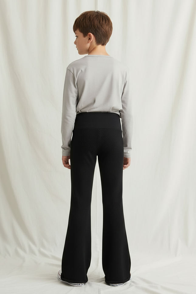 Pantalon Fluide Noir Côtelé Évasé Confortable Enfant - Maille - vue 2