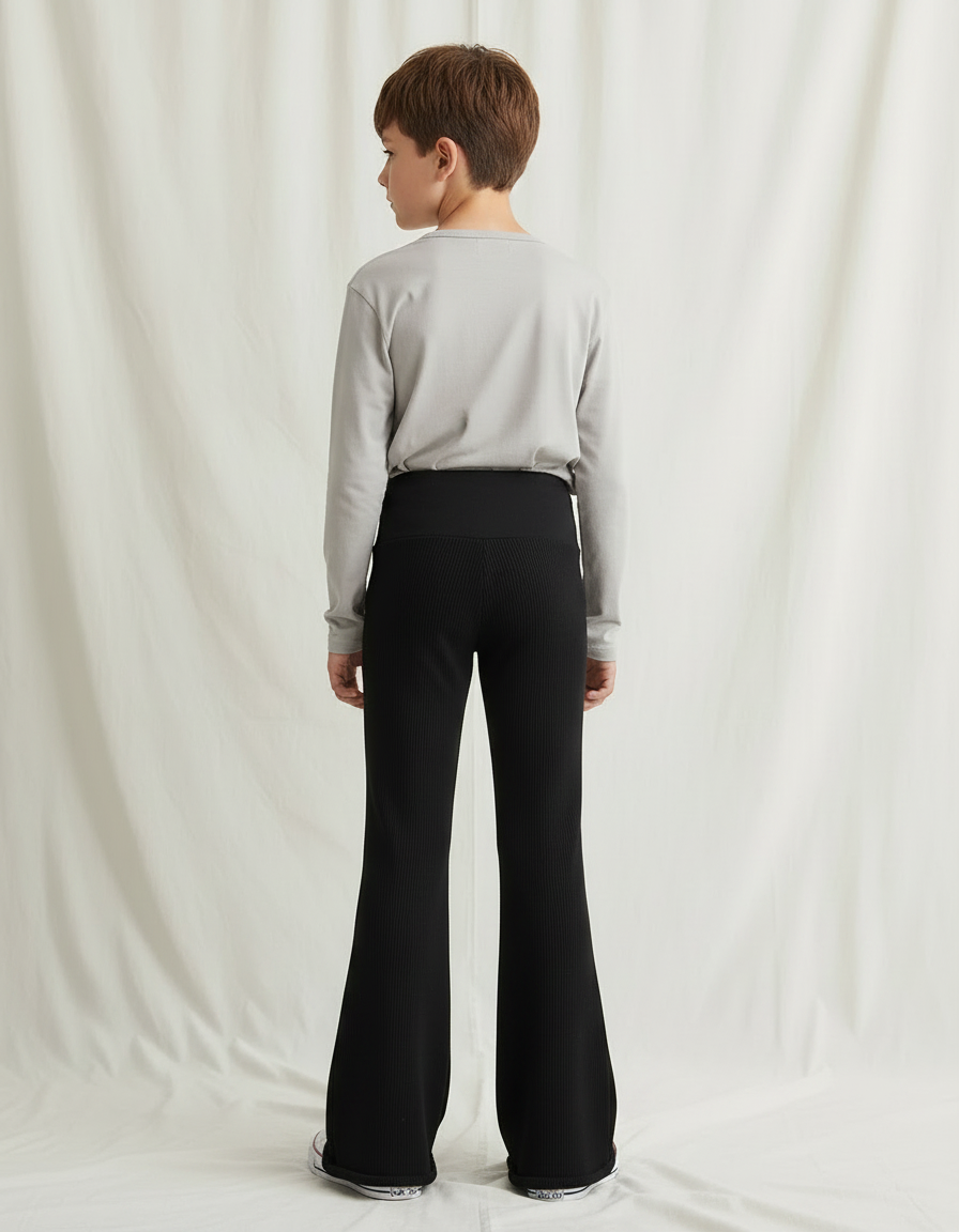 Pantalon Fluide Noir Côtelé Évasé Confortable Enfant - Maille - vue 2