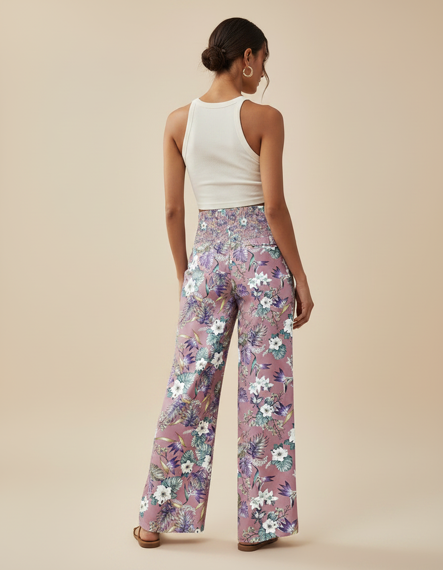 Pantalon Fluide Rose Floral Ample Bohème Femme - Viscose - vue 2