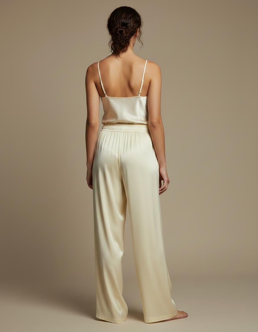 Pantalon Fluide Crème Satiné Ample Décontracté Élégant - Jaune - vue 2
