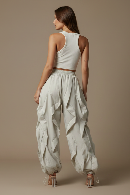 Pantalon Fluide Cargo Beige Ample Plissé Décontracté - Polyester - vue 2