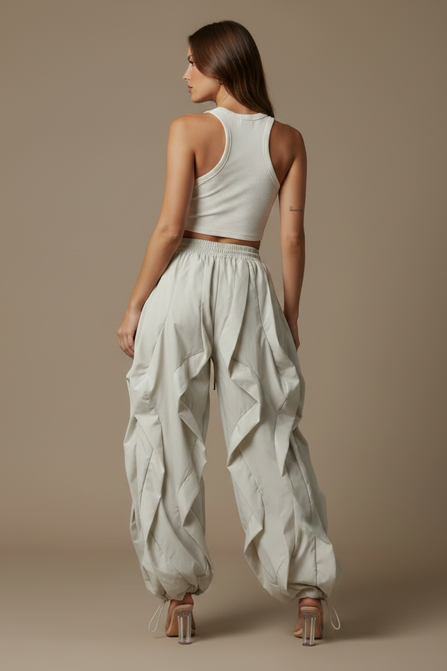 Pantalon Fluide Cargo Beige Ample Plissé Décontracté - Polyester - vue 2