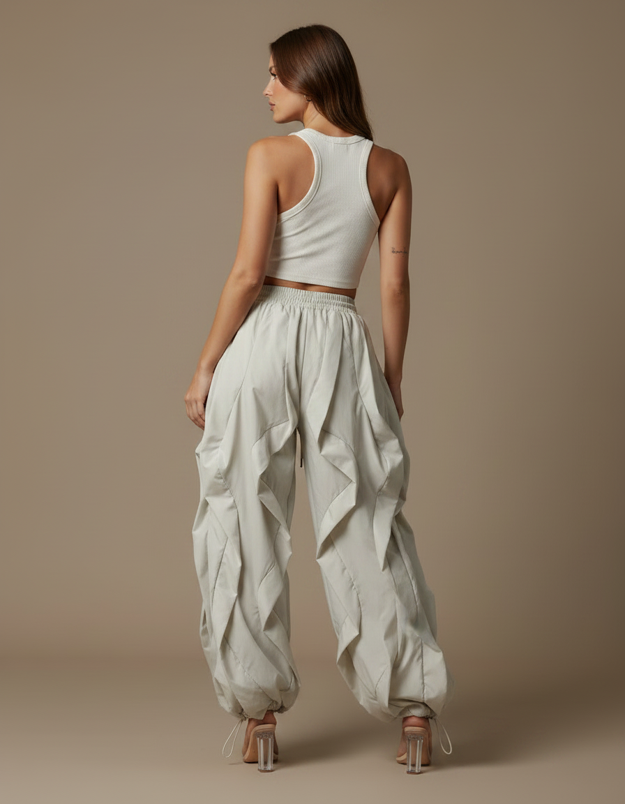 Pantalon Fluide Cargo Beige Ample Plissé Décontracté - Polyester - vue 2