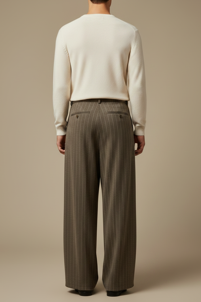 Pantalon Fluide Marron Rayé Ample Plissé Homme - Laine - vue 2