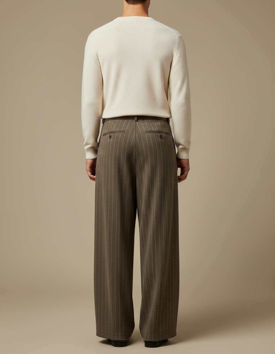 Pantalon Fluide Marron Rayé Ample Plissé Homme - Laine - vue 2