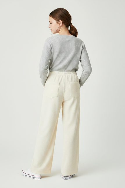 Pantalon Fluide Crème Côtelé Ample Décontracté Enfant - Beige Cordé - vue 2