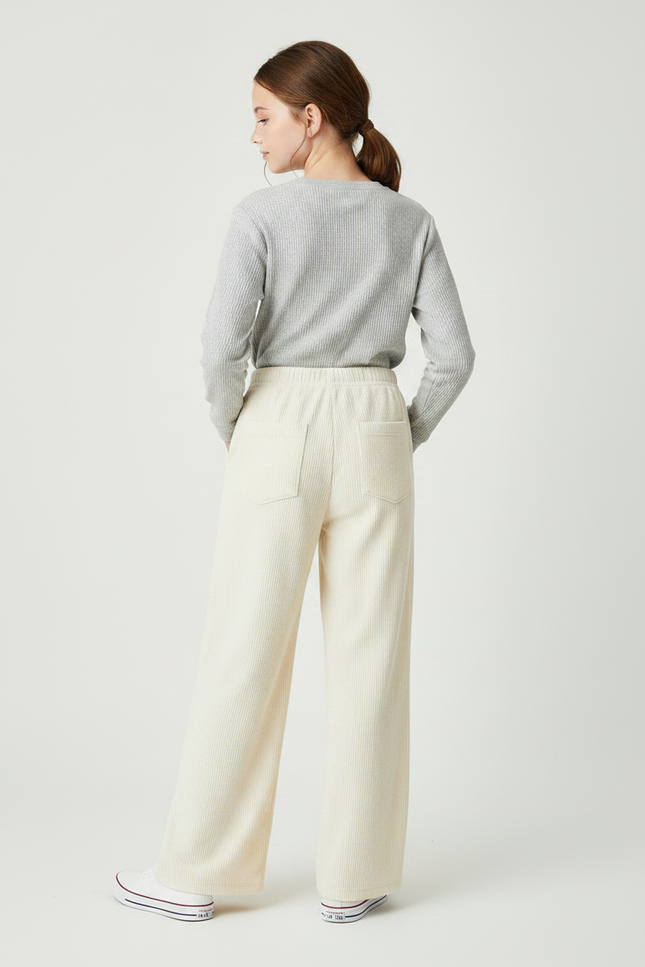 Pantalon Fluide Crème Côtelé Ample Décontracté Enfant - Beige Cordé - vue 2