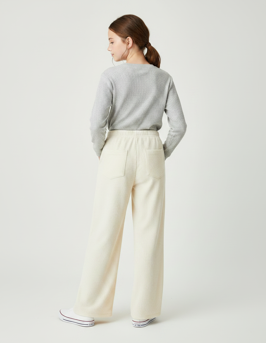 Pantalon Fluide Crème Côtelé Ample Décontracté Enfant - Beige Cordé - vue 2