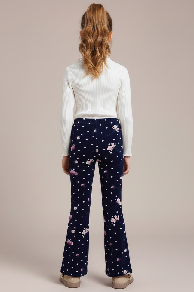 Pantalon Fluide Évasé Motif Floral Polka Dots Velours - Marine - vue 2