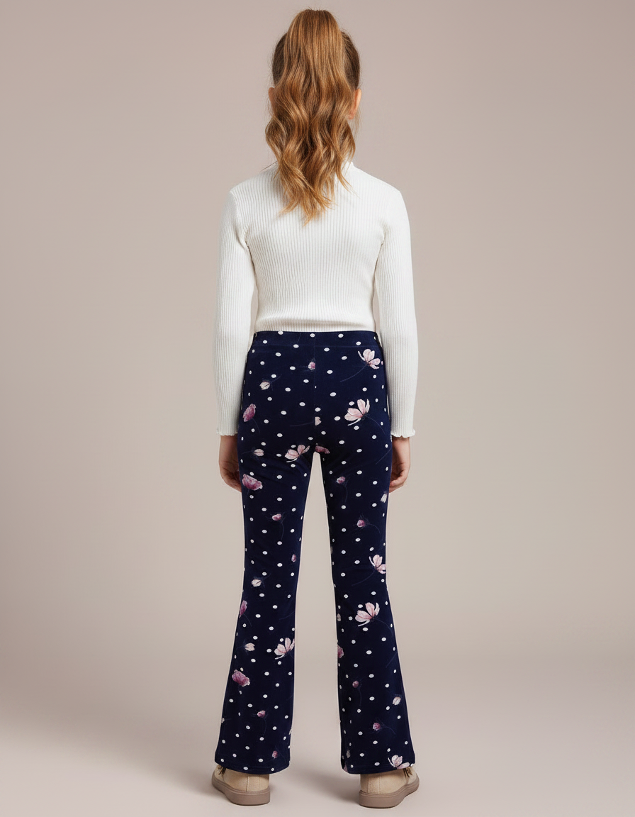 Pantalon Fluide Évasé Motif Floral Polka Dots Velours - Marine - vue 2